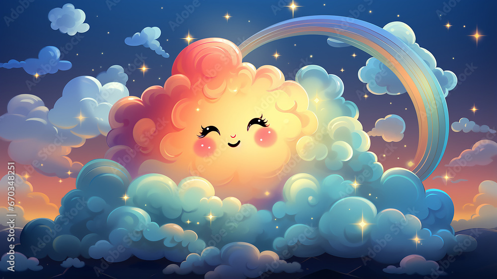 funny cartoon rainbow with eyes and a smile in the night starry sky
