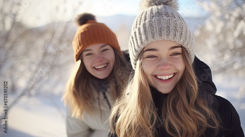 close up portrait of two girls smiling while travel together in winter park, nature landscape background, Generative Ai