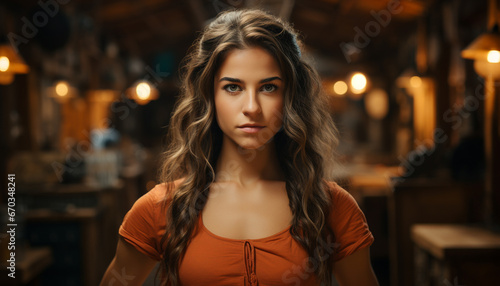 Beautiful woman with long brown hair, sitting indoors, looking confident generated by AI
