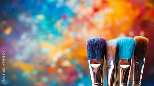 bright multicolored creative background, a group of brushes with paint on the background of a multicolored spectrum canvas, the idea of creativity banner, team