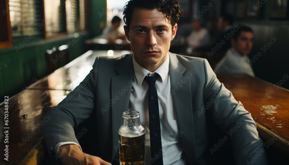 Successful businessman sitting at table, holding whiskey, looking confident generated by AI