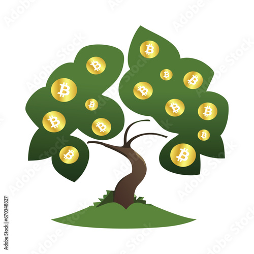 Vector Illustration Art of A Tree with Golden Coin or Bitcoin Fruits , Isolated on White Background.
