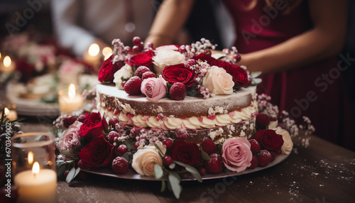 Homemade chocolate cake  adorned with fresh flowers  brings happiness generated by AI