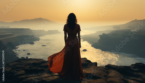 Young woman in elegant dress stands on cliff at sunset generated by AI