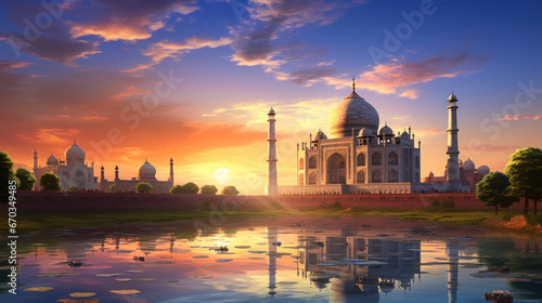 Taj Mahal India at sunset time photo