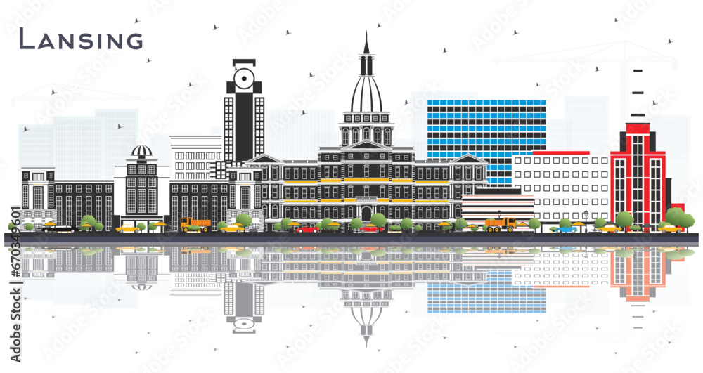 Lansing Michigan city skyline with color buildings and reflections isolated on white. Business travel concept with historic architecture. Lansing USA cityscape with landmarks.