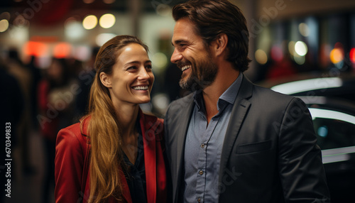 Young couple enjoying a night out, smiling and embracing generated by AI
