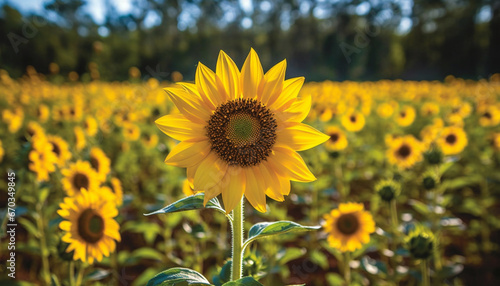A vibrant sunflower blossoms in the meadow  kissed by sunlight generated by AI