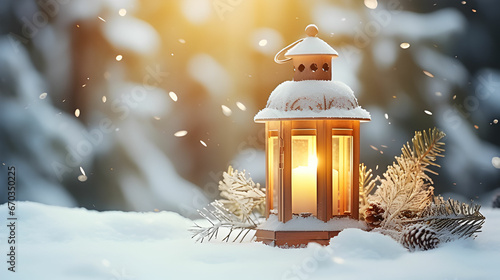 christmas lantern in the snow. © tapu