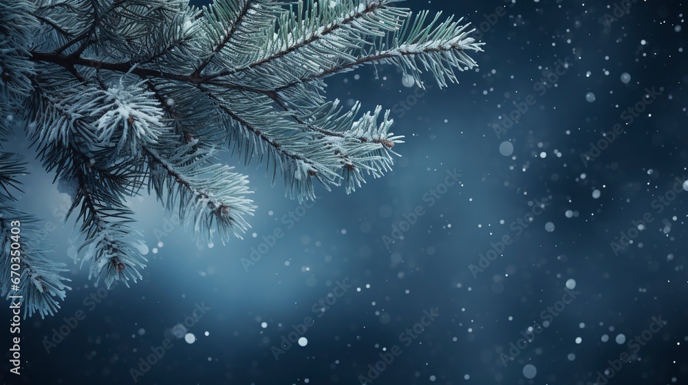 Snowflakes settling on pine branches under soft winter moonlight and copy space, generative ai