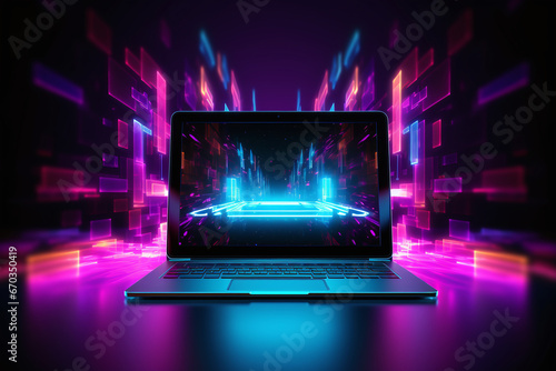 Laptop in a cyberpunk-like environment with neocolor diagrams emanating from it, representing futuristic data visualization.