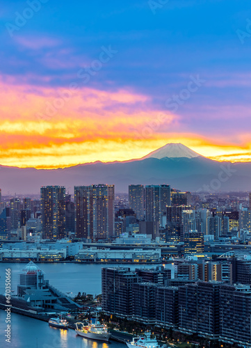 View of Mount Fuji from Tokyo, Japan at sunset with rare Mountain Shadow