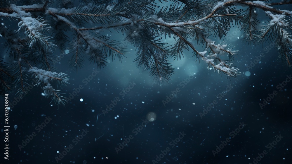 Snowflakes settling on pine branches under soft winter moonlight and copy space, generative ai