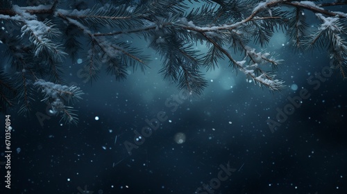 Snowflakes settling on pine branches under soft winter moonlight and copy space, generative ai © Nia™