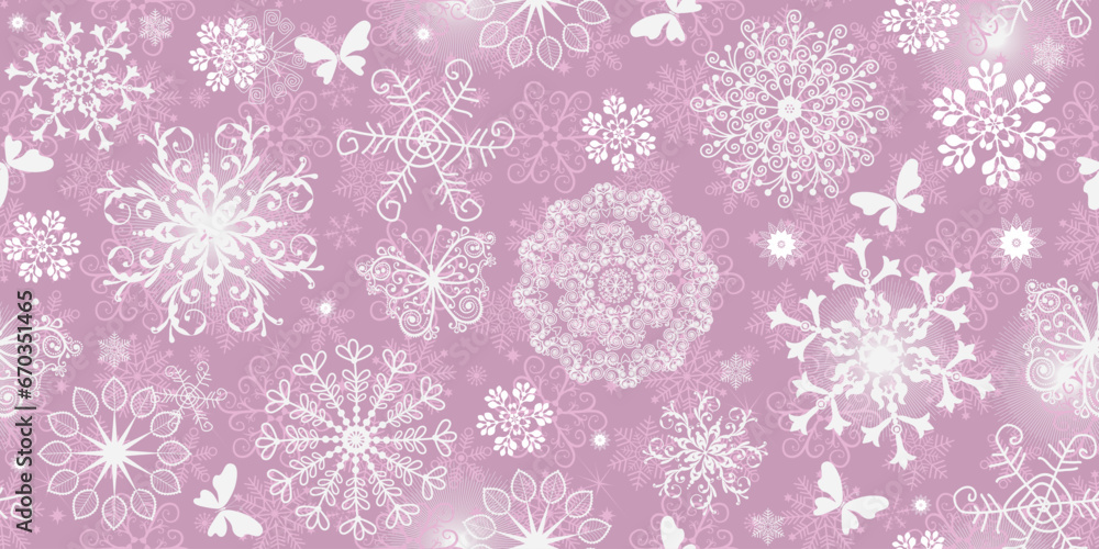Vector Christmas seamless pattern with snowflakes and butterflies on the gentle rose background Vector Christmas seamless pattern with snowflakes and butterflies on the gentle rose background