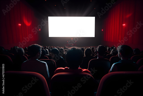 empty movie theatre screen mock up, modern cinema with people on red seats
