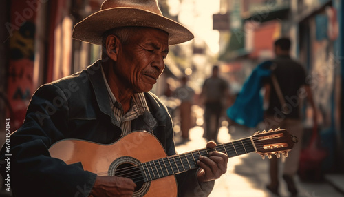 One man playing guitar outdoors, bringing joy and relaxation generated by AI