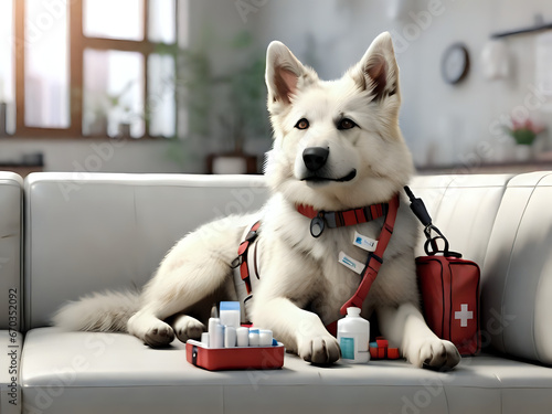 Dog with a first aid kit photo