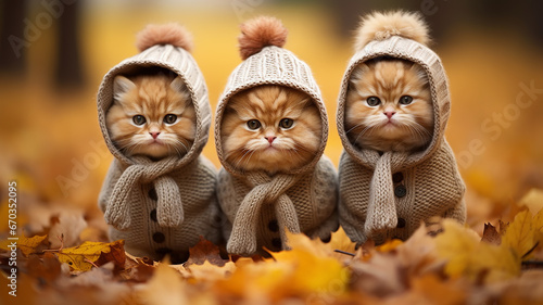 a group of cute kittens in an autumn park, dressed in small clothes, joke calendar greeting, autumn look © kichigin19