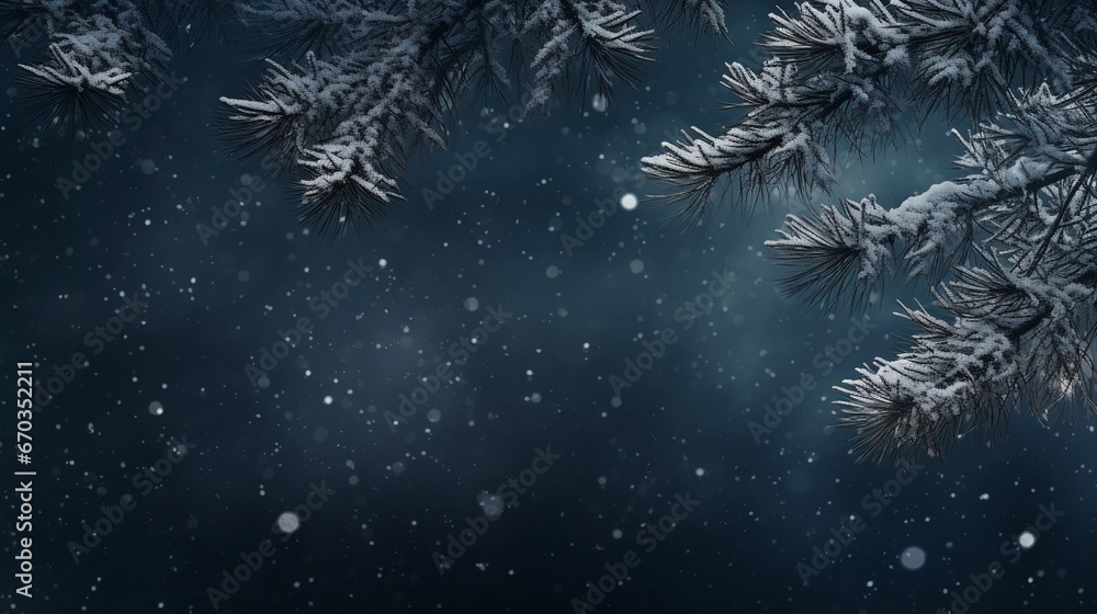 Snowflakes settling on pine branches under soft winter moonlight and copy space, generative ai