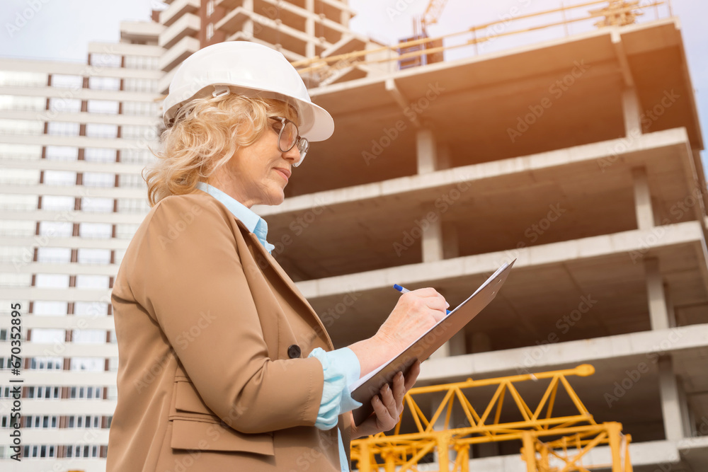 Fototapeta premium Mature businesswoman writes analysis on clipboard at construction site against unfinished building. Blonde architect explores building site, sunlight