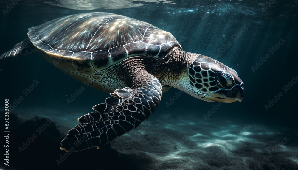 Fototapeta premium Underwater turtle swimming in blue sea, surrounded by colorful fish generated by AI