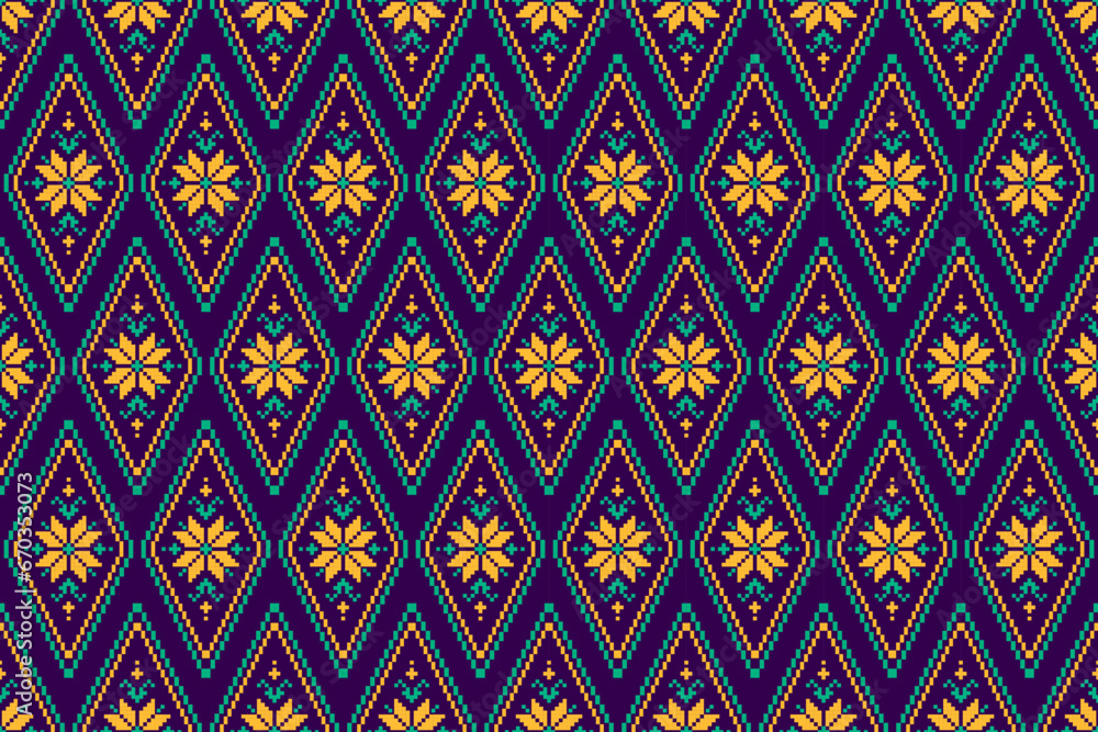 Fabric Mexican style. Geometric ethnic flower seamless pattern traditional. Aztec tribal ornament print. Design for background, illustration, fabric, clothing, carpet, textile, batik, embroidery.