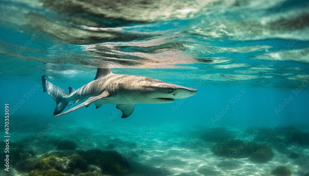 Fototapeta premium Majestic dolphin swimming in blue water, a tropical underwater adventure generated by AI