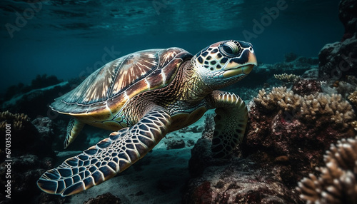 Underwater turtle swimming in blue sea, surrounded by coral reef generated by AI © Jemastock