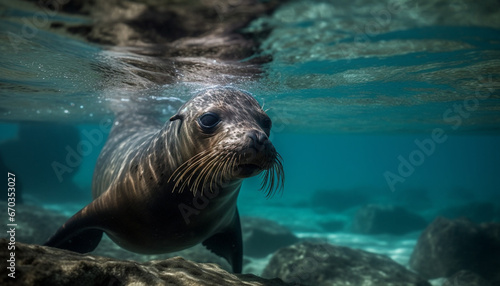 Cute sea lion swimming underwater, exploring tropical reef adventure generated by AI