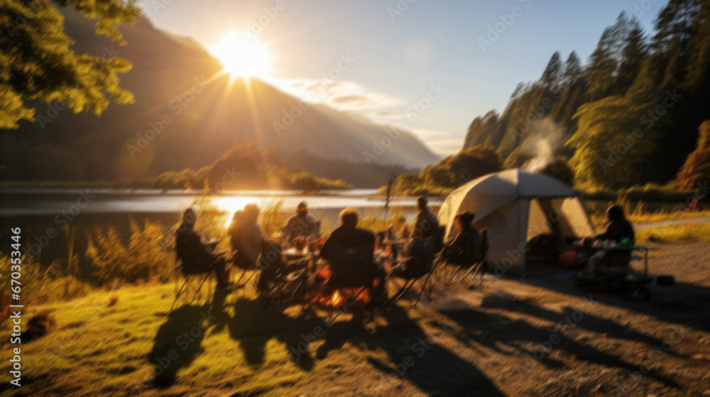 Fototapeta premium soft of blurred, people camping at outdoor
