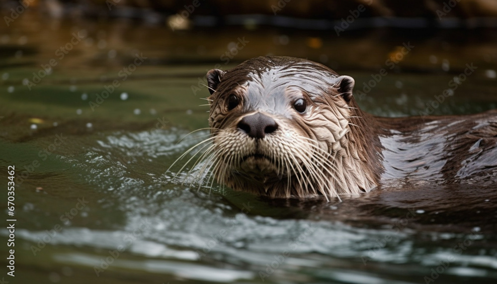 Cute seal swimming, looking at camera, in tranquil underwater generated by AI Cute seal swimming, looking at camera, in tranquil underwater generated by AI