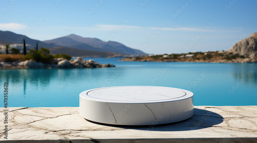 White marble stone podium product display with sea landscape as background.