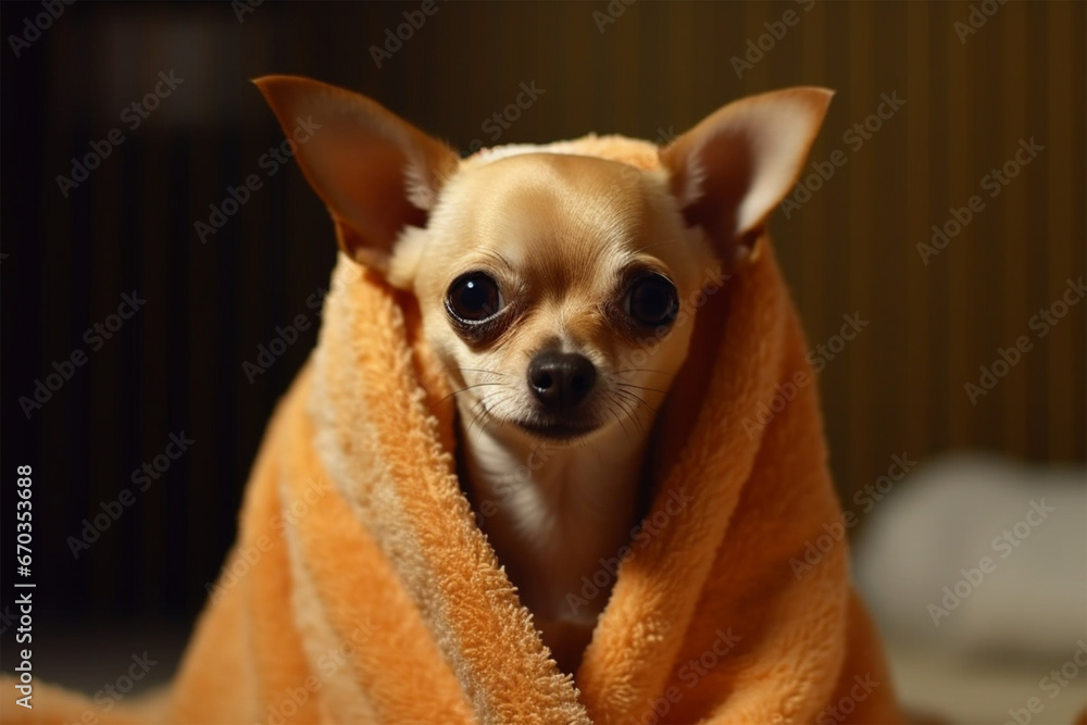 Cute little dog sitting on a towel