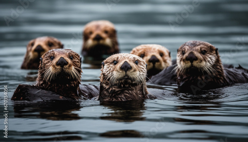 Cute seal pups playfully swim, looking at camera, in nature generated by AI © Jemastock