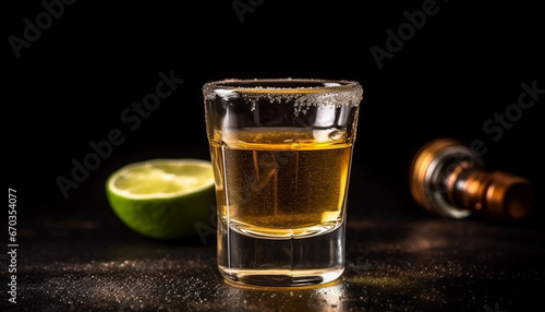 Whiskey drop on wood table, shot glass, dark background generated by AI