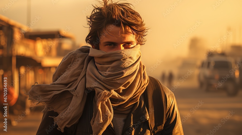 There is a dust storm in a hot Arab country, an Arab man covered his face with a handkerchief