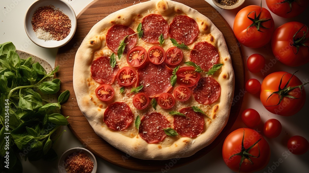 Pizza making with ingredients lies on the table, preparation of salami and tomatoes Pizza making with ingredients lies on the table, preparation of salami and tomatoes