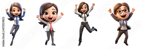 Group of 3D cartoon character Full body business woman ceo boss freelancer manager overjoyed excited happy cool fun celebrating  isolated on white and transparent background