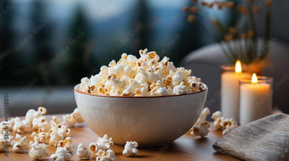 A Bowl of popcorn stands on the table in the living room for watching a movie at home A Bowl of popcorn stands on the table in the living room for watching a movie at home