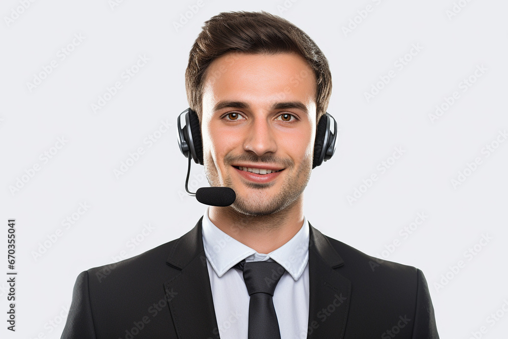 Smiling man customer service worker, call center with phone headset isolated on white background Smiling man customer service worker, call center with phone headset isolated on white background