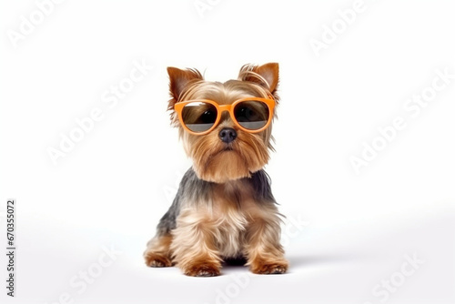 Cute yorkshire terrier with white back sunglasses photo
