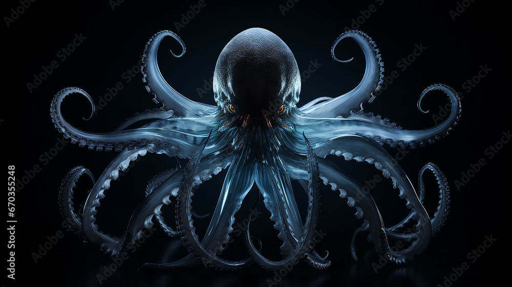 octopus kraken, a fictional deep-sea luminous transparent creature, light ocean depth, layer for overlay isolated on a black background - obrazy, fototapety, plakaty 