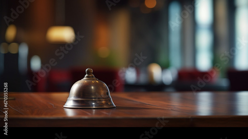 a bell to call the hotel staff at the reception desk a blurry view of the luxury hotel