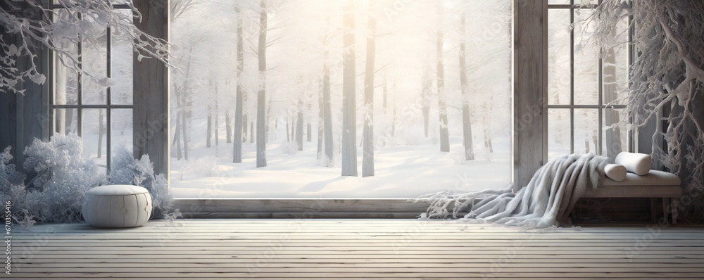 Cozy winter view into forest from wooden terrace floor Generative AI Cozy winter view into forest from wooden terrace floor Generative AI