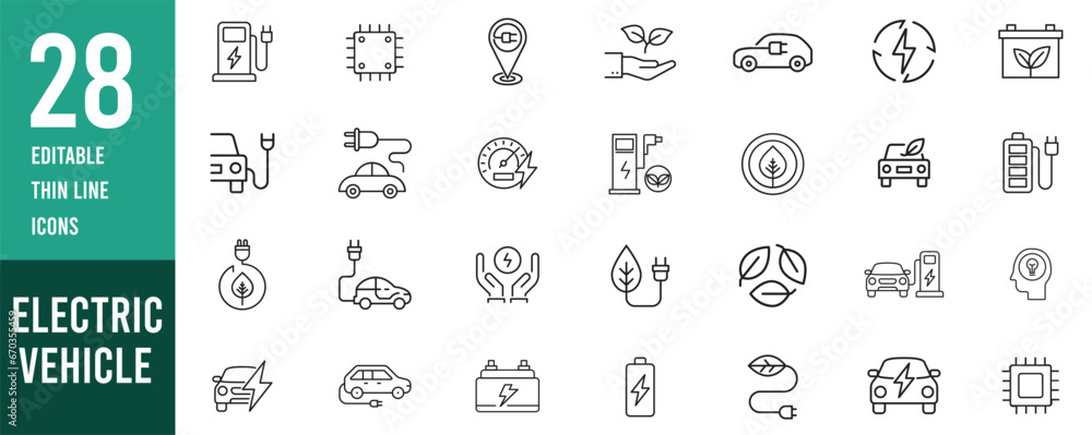 Line icons about electric vehicles. Sustainable development Contains such icons as electric car, motorbike, scooter, battery and charging station.