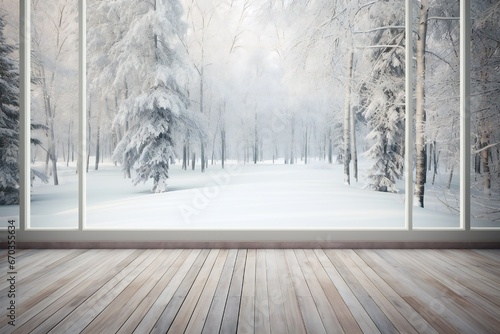 Cozy winter view into forest from wooden terrace floor Generative AI photo
