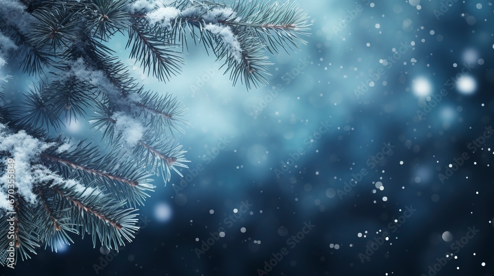 Snowflakes settling on pine branches under soft winter moonlight and copy space, generative ai Snowflakes settling on pine branches under soft winter moonlight and copy space, generative ai