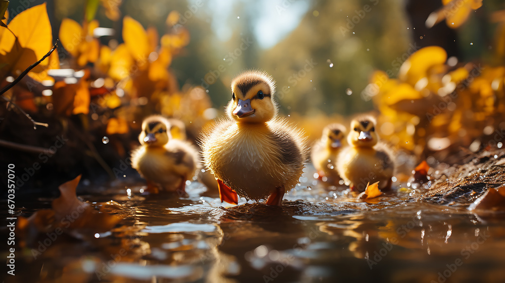 cute yellow ducklings in a group run towards the autumn yellow leaves in the fall of the sunny day of change - obrazy, fototapety, plakaty 