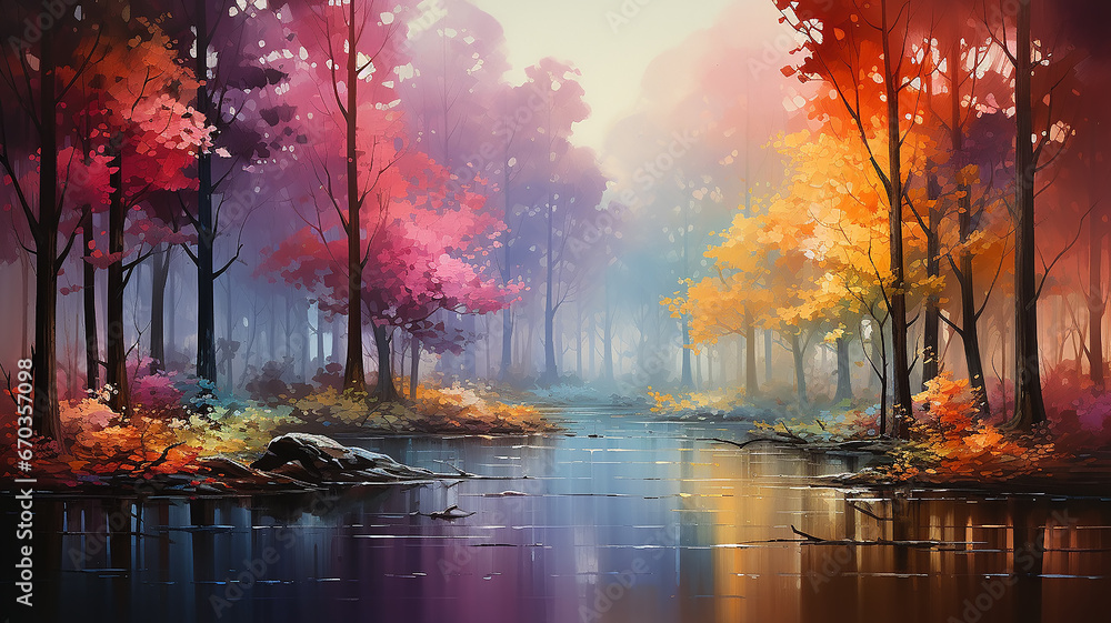 landscape in a fabulous forest, rainbow spectrum of colorful autumn trees in unusual neon lighting, fog background autumn fantasy - obrazy, fototapety, plakaty 